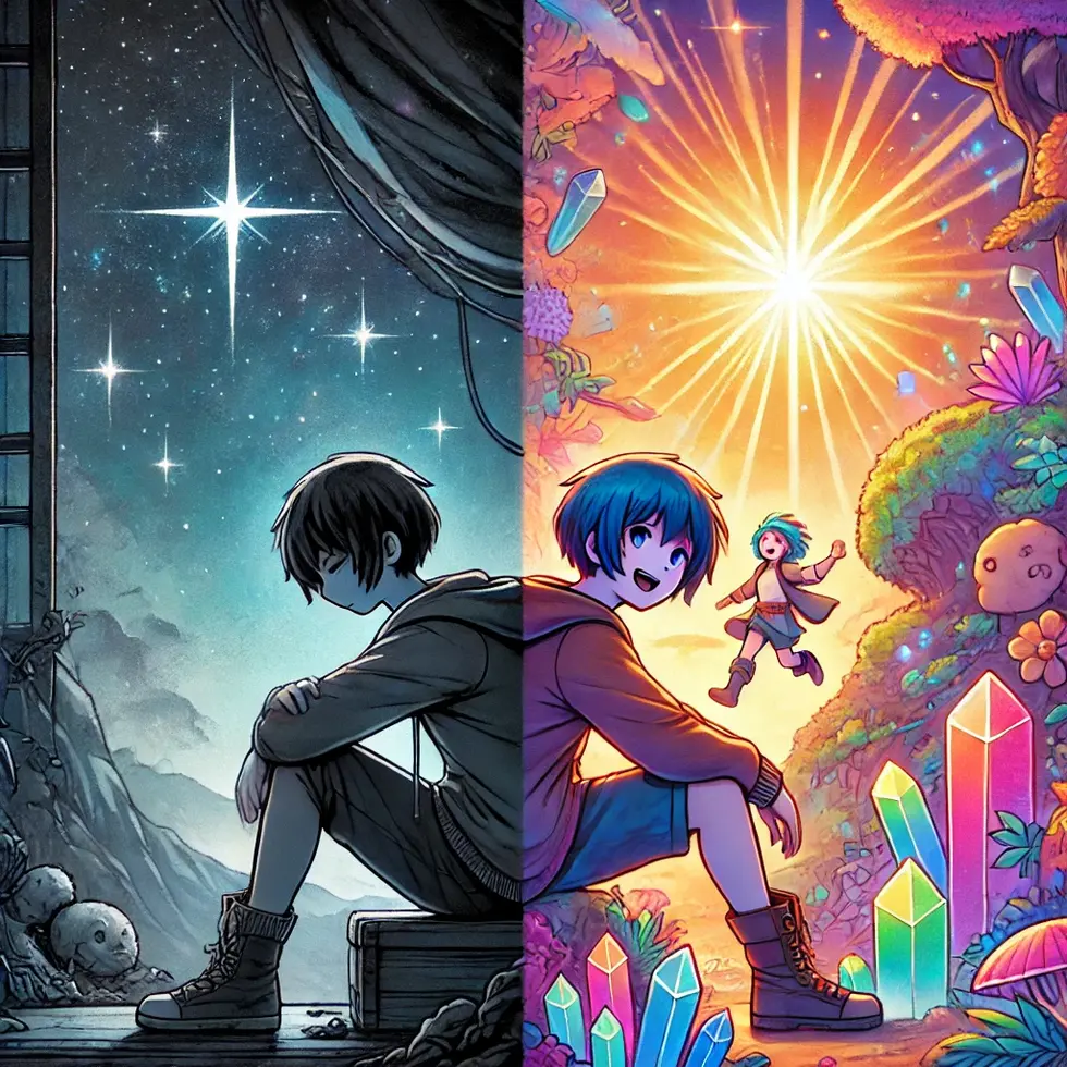 DALL·E 2025-01-16 12.03.30 - A split-screen illustration showing two contrasting themes_ on the left, a melancholic young person sitting under a starry night sky, with a faint glo - Copie