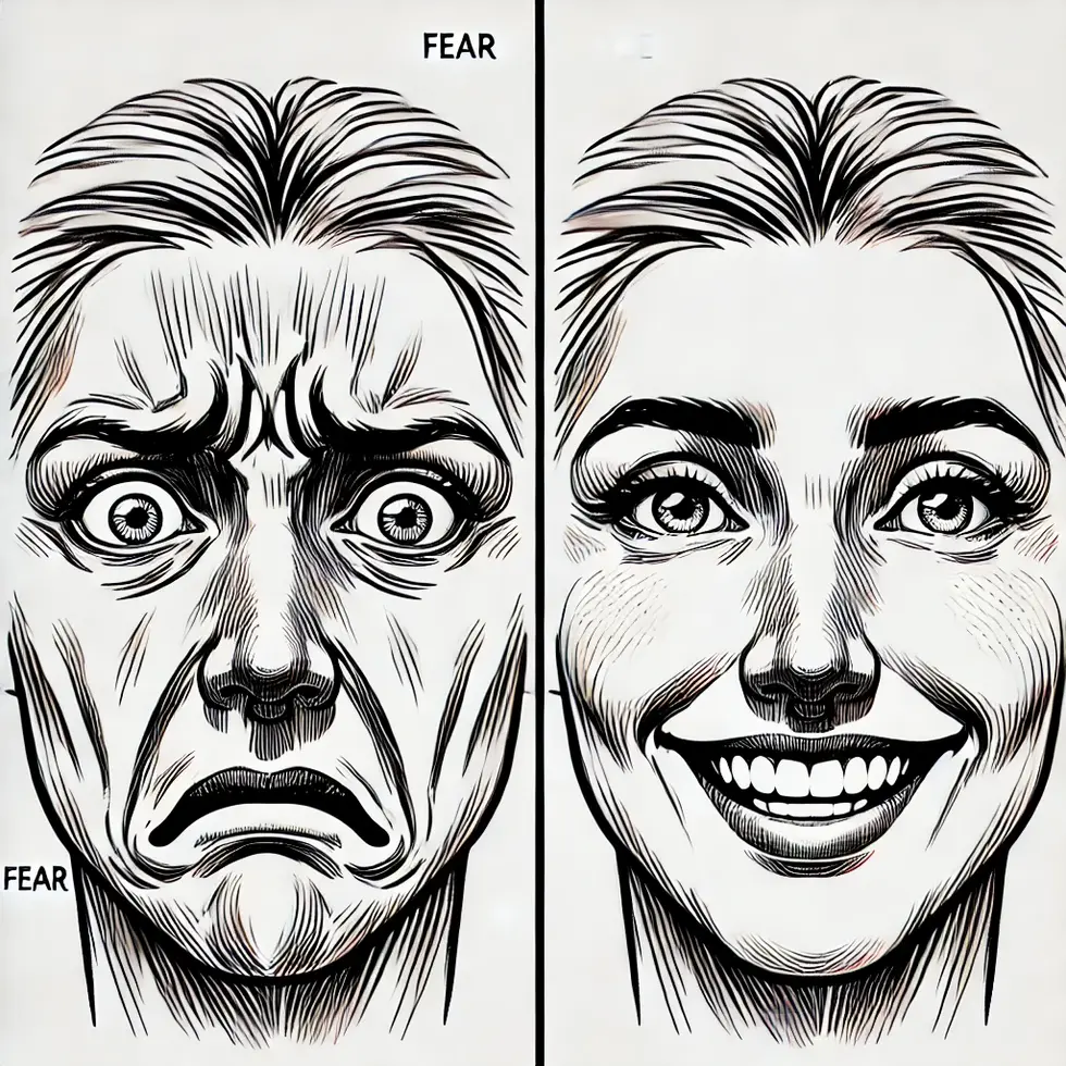 DALL·E 2025-01-15 09.45.54 - A side-by-side comparison of two expressive human faces_ one depicting fear, with tense eyebrows, widened eyes, and slightly open mouth; the other sho - Copie