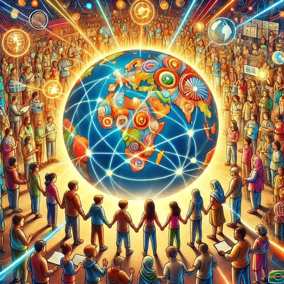 DALL·E 2025-02-02 14.23.30 - A detailed and vibrant illustration of a globe with all countries connected through dynamic, glowing project lines. Surrounding the globe are diverse
