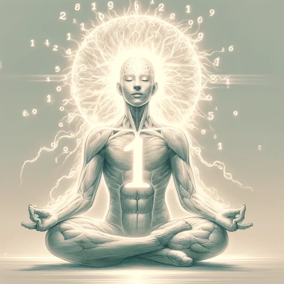 DALL·E 2025-01-16 22.15.30 - A pencil sketch in a comic book style of a serene being in a meditative zazen posture. The figure has the number 1 subtly embedded and glowing in ever - Copie
