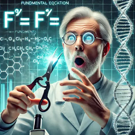 DALL·E 2025-02-02 14.05.50 - A futuristic geneticist holding CRISPR scissors, suddenly stopping the cutting process as he discovers the fundamental equation f(v) = f(e). The equat