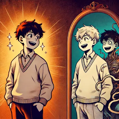 DALL·E 2025-02-02 14.17.33 - A manga-style boy standing in front of two mirrors. In one mirror, he sees himself as an older, happy, and connected version, glowing with energy and