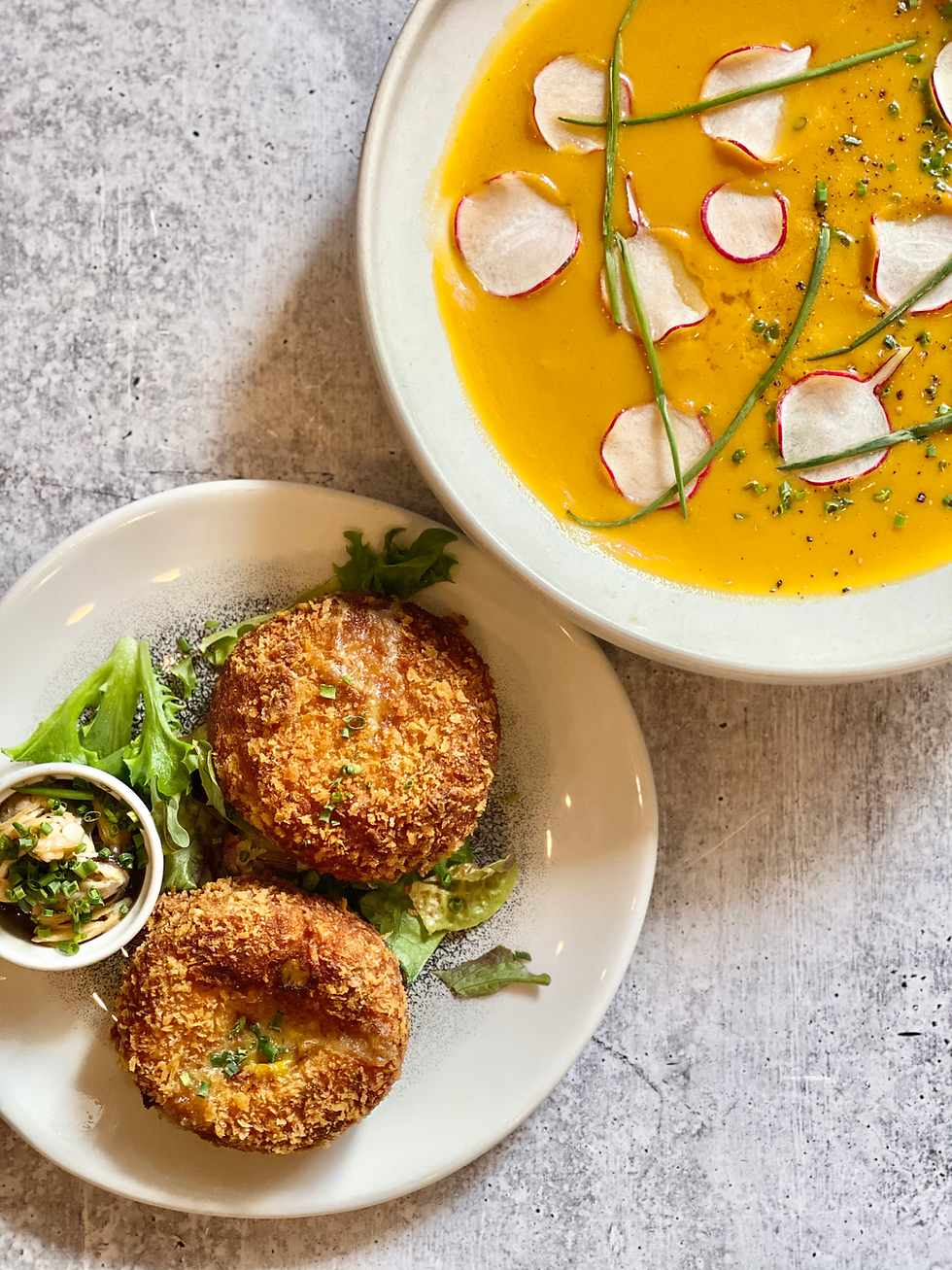 Crab Cakes, Carrot Ginger Soup