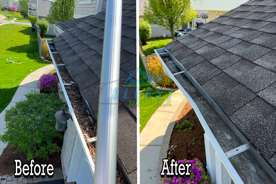 Before and after picture of gutter cleaning in Gilberts and nearby areas