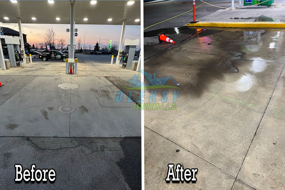 Before and after photo of power washing a commercial gas station in Pingree Grove and nearby areas