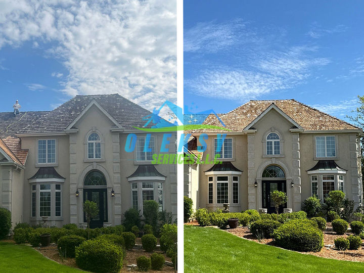 Before and after soft washing of a cedar shake roof on a luxury home in St. Charles and surrounding areas