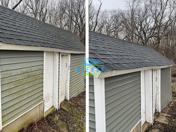 Before and after soft washing a small detached garage in Elgin and nearby areas