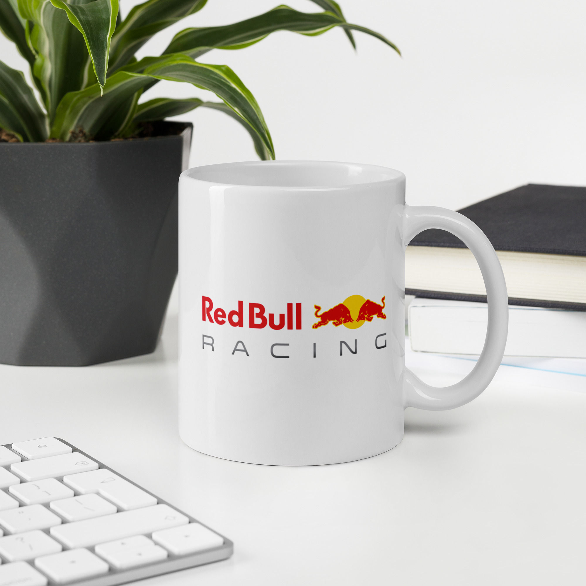 White ceramic 11oz mug with Red Bull Racing F1 logo. Dishwasher safe