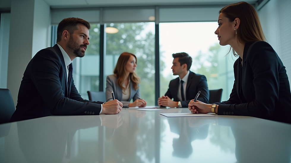 Eye-level view of a business meeting discussing insurance product design