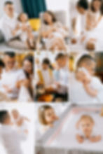 Rodzina podczas ceremonii chrztu w Poznaniu. Dziecko w białej sukience na rękach taty. W tle domowe i kościelne otoczenie.