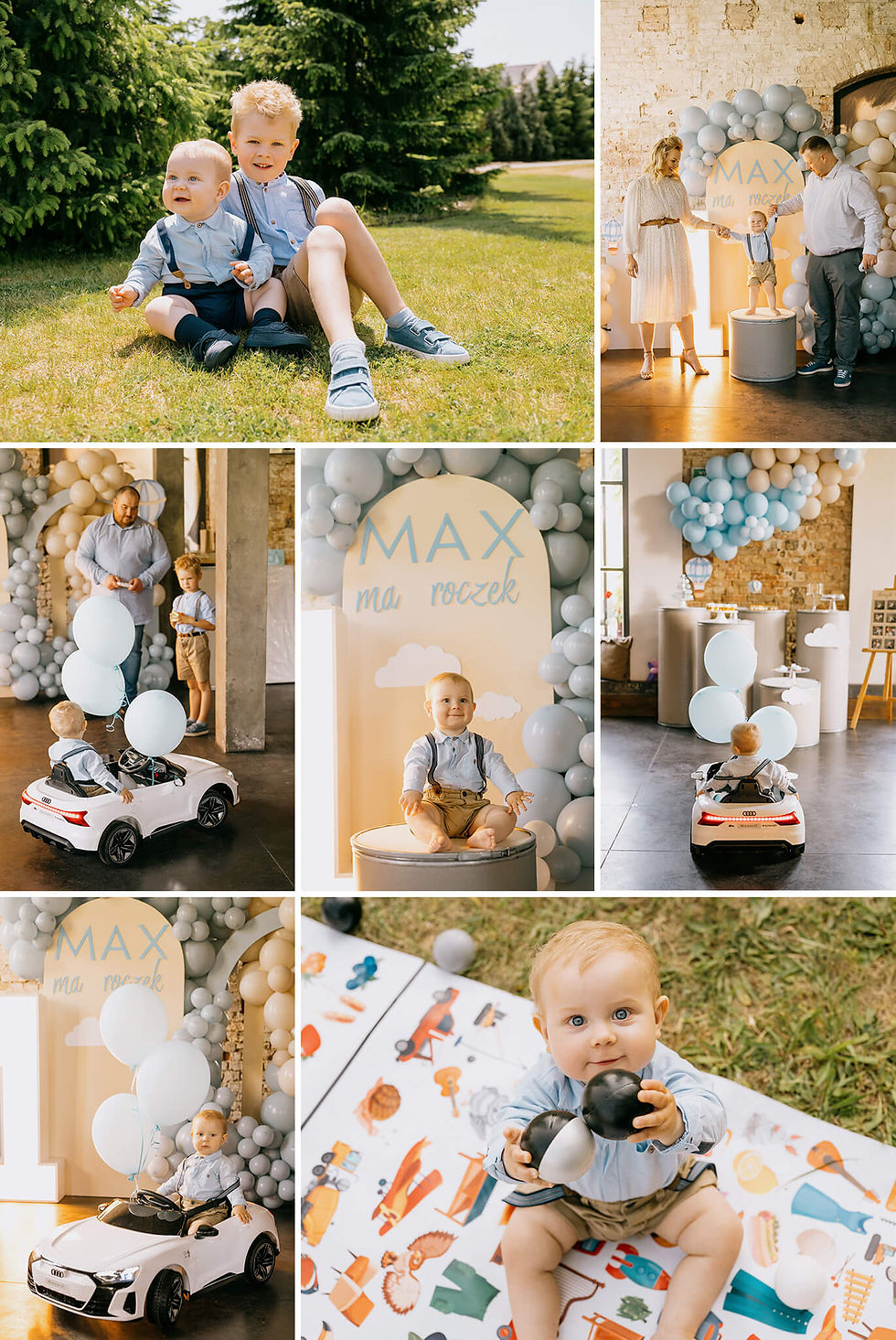 Impreza urodzinowa na roczek dziecka w SPOT Poznań. Balonowe dekoracje i słodki stół w niebieskich kolorach.