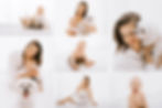 Kolaż zdjęć z uśmiechniętą mamą, dzieckiem i białym psem w minimalistycznym studio fotograficznym w Poznaniu. Relaks, ciepło i zabawa. Jasne tło, przytulna atmosfera.