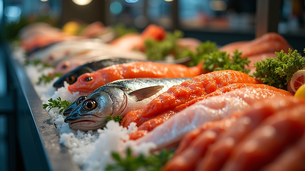 Eye-level view of a fresh seafood display with various fish and shellfish