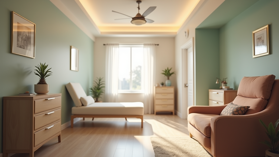 Eye-level view of a cozy postpartum care space with soft lighting and comfortable seating