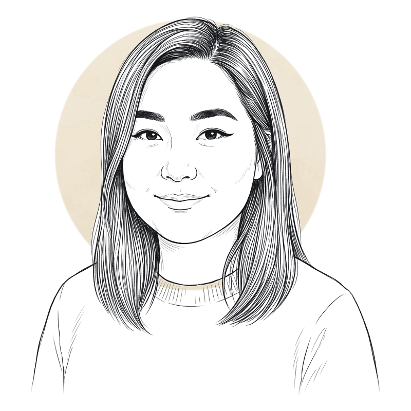 Line drawing of Wan Dee Brown smiling, with long dark hair.