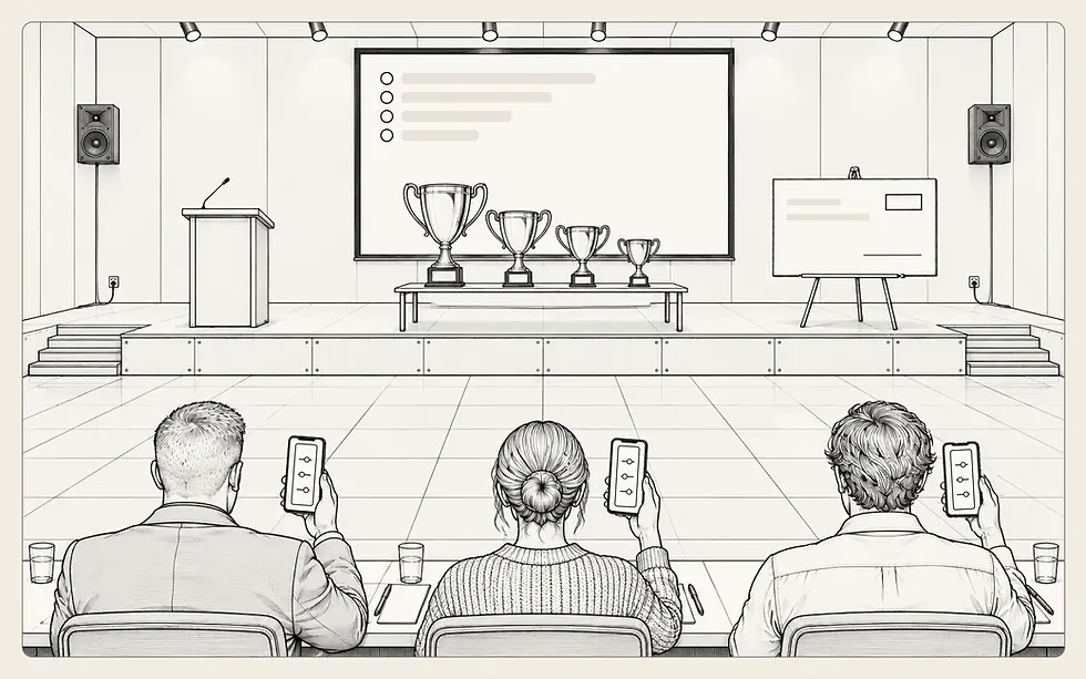 From the back of the room, three judges score on their phones while a ranked list is already up on the stage screen, with four trophies and a big check waiting on stage.