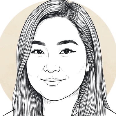 Line drawing of Wan Dee Brown smiling, with long dark hair.
