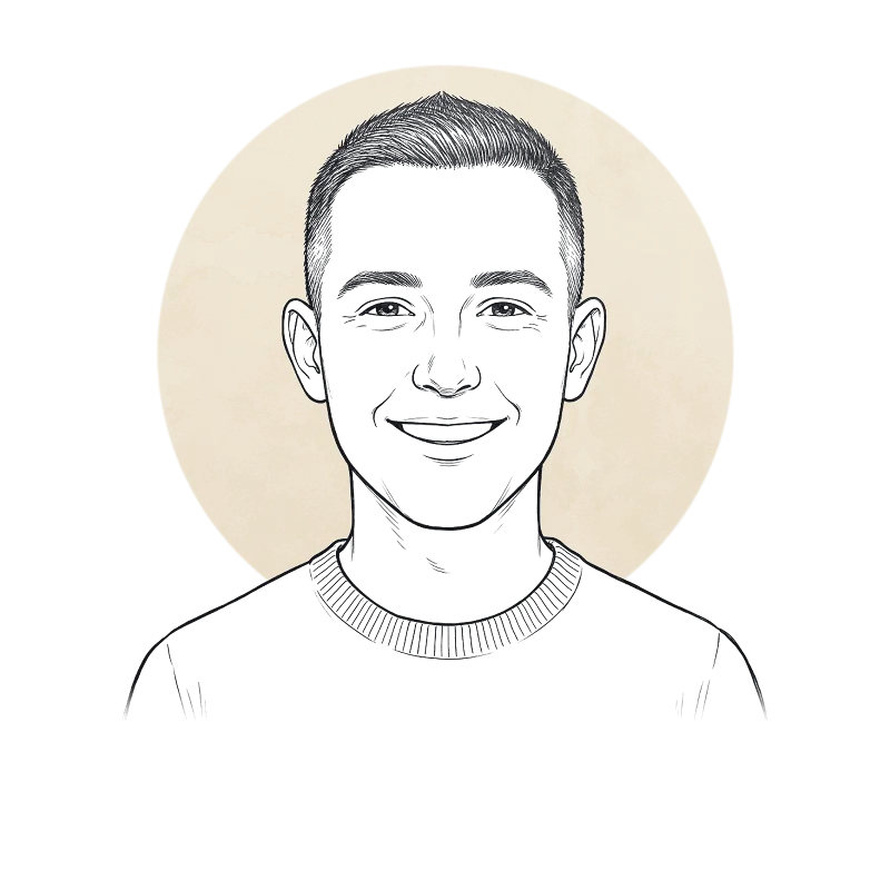 Line drawing of Brandon Brown smiling, in a crew-neck sweater.