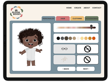 The personalization tab in Bloom Books that allows the user to pick a skin tone, hair color, glasses, and freckles.