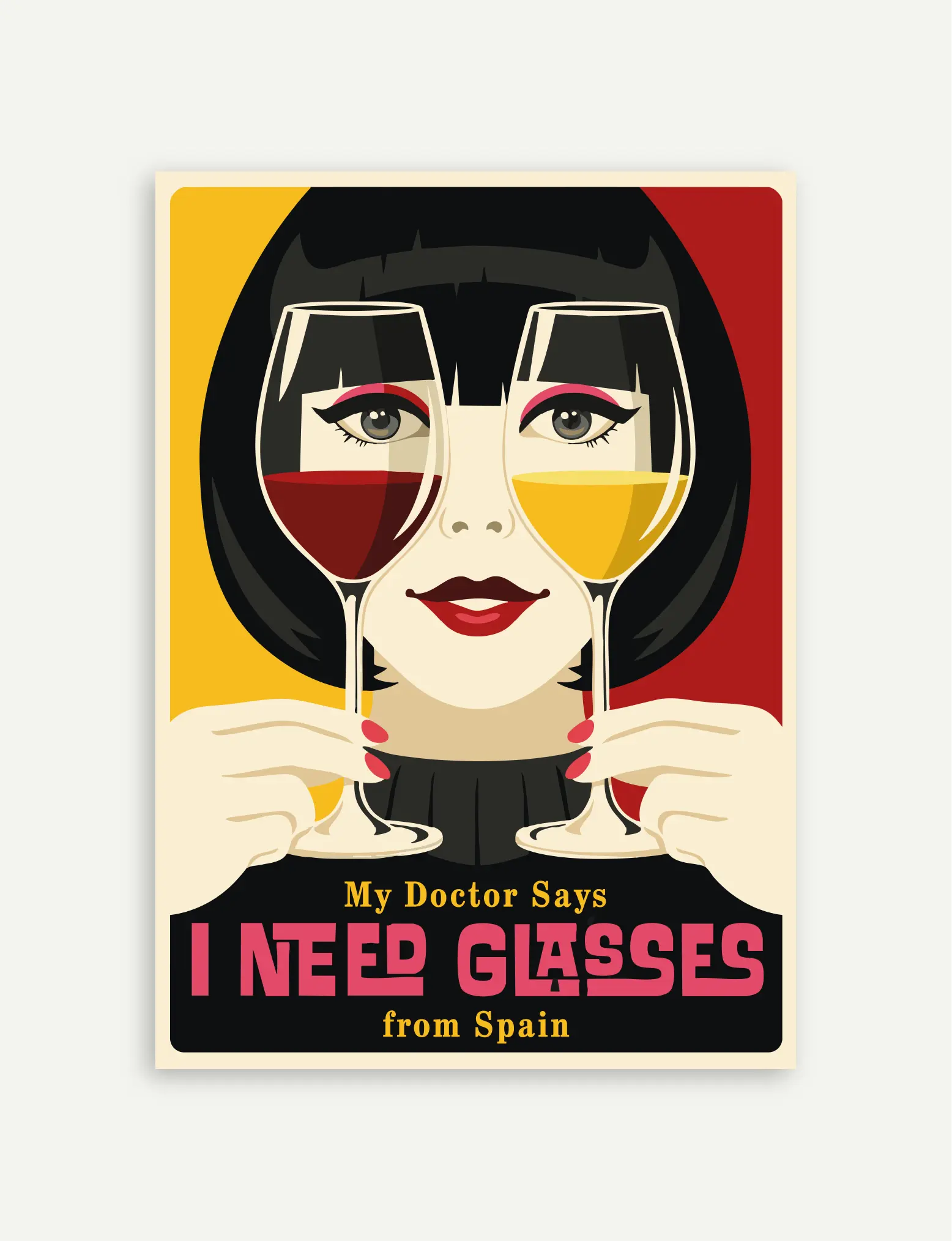 Affiche vin d'Espagne I Need Glasses au style affiche vintage