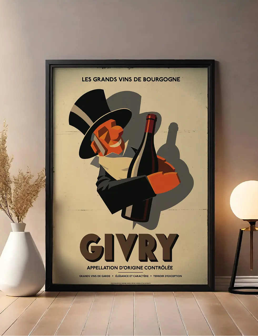 Affiche Givry encadrée en décoration dans une cave à vin
