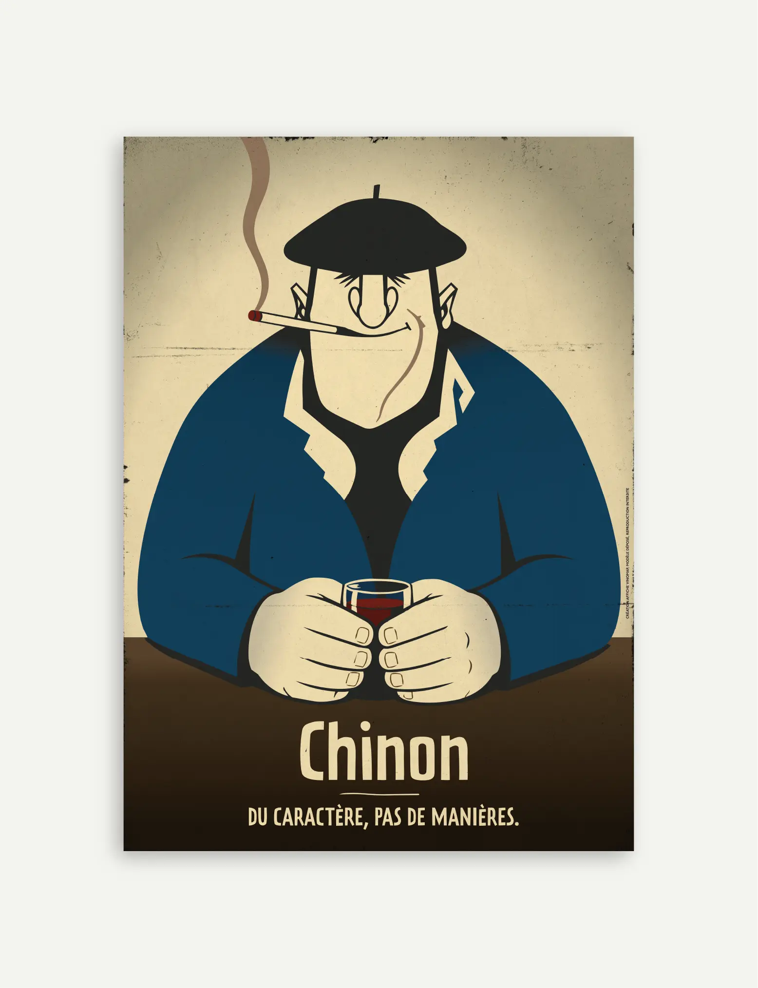 Affiche Chinon représentant un vigneron avec un verre de vin de Chinon