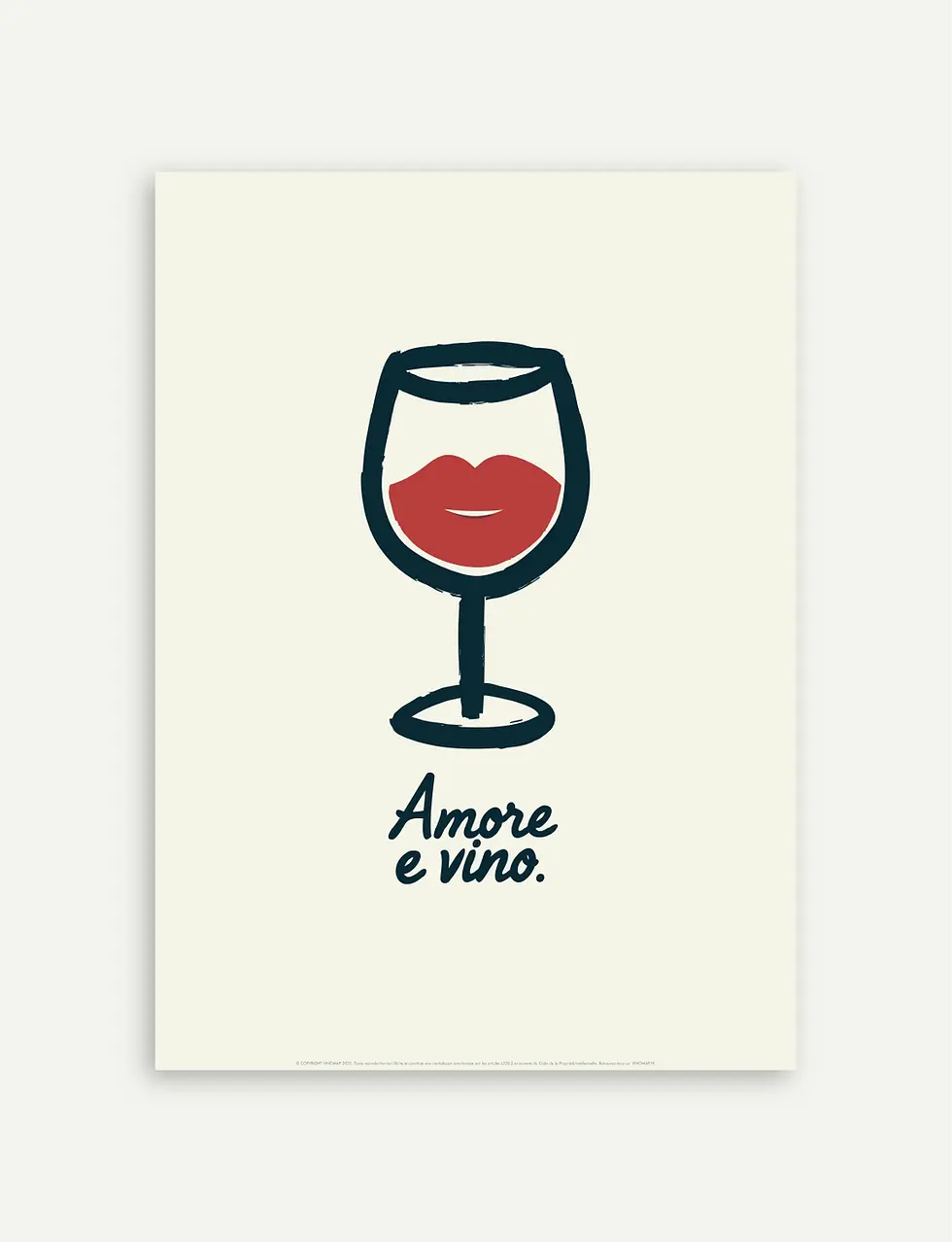Affiche Amore e Vino représentant un verre de vin minimaliste avec des lèvres rouges