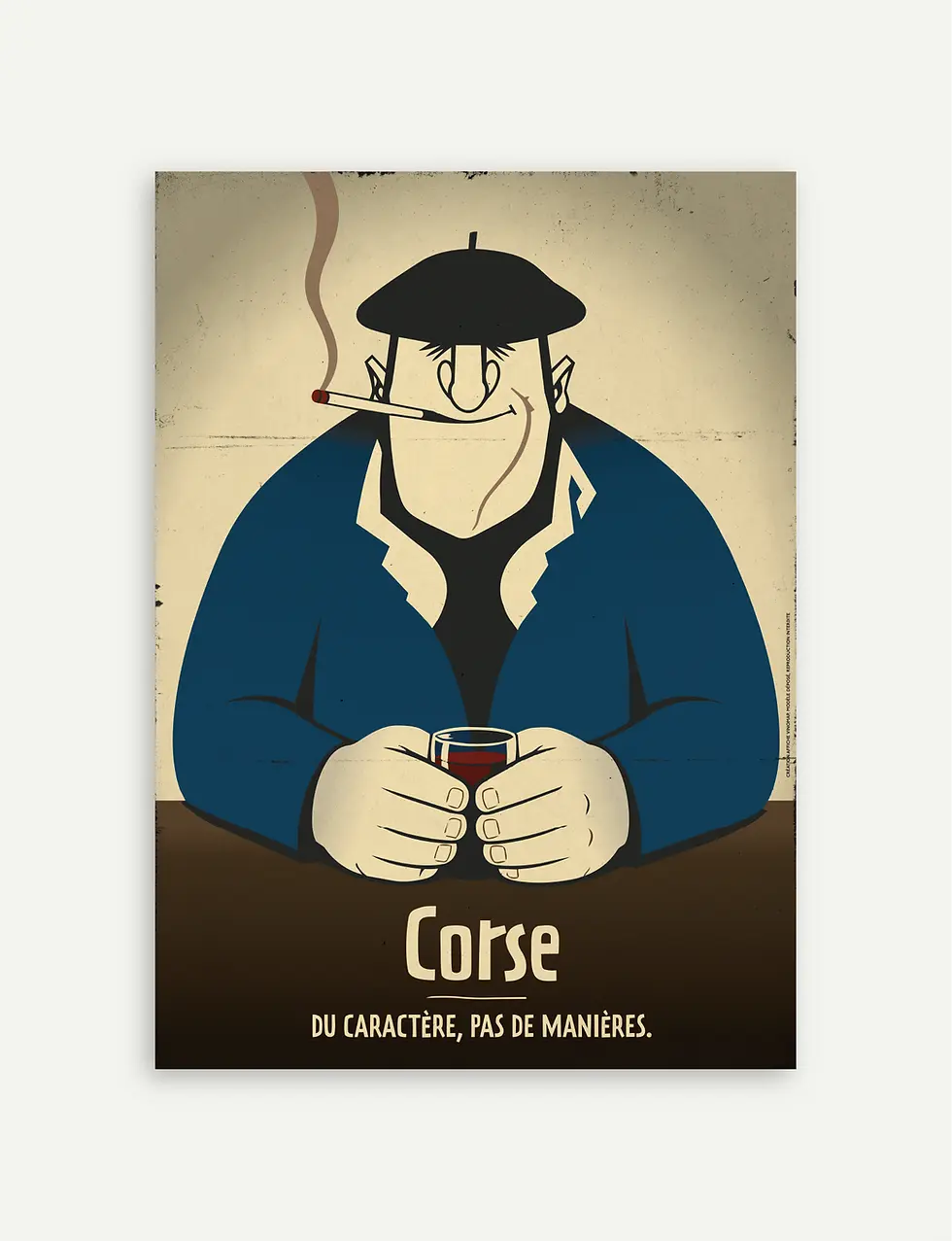 Affiche vin Corse avec personnage tenant un verre de vin corse