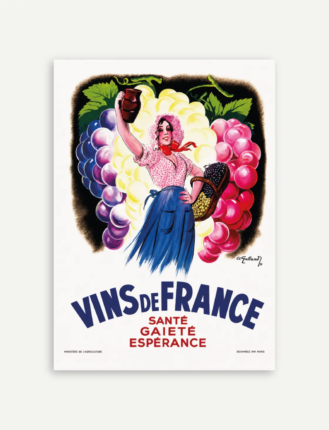 Affiche Vins de France vintage avec vendangeuse, cruche et grandes grappes de raisin