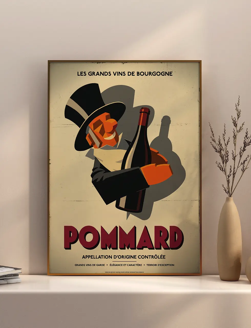 Affiche Pommard encadrée en décoration dans une cave à vin