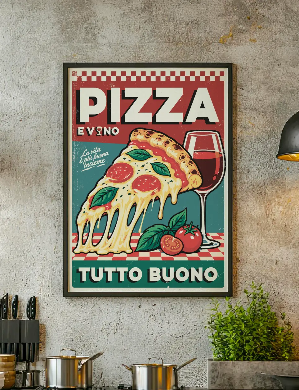 Affiche Pizza et Vin encadrée dans un intérieur, décoration de cuisine italienne au style rétro.