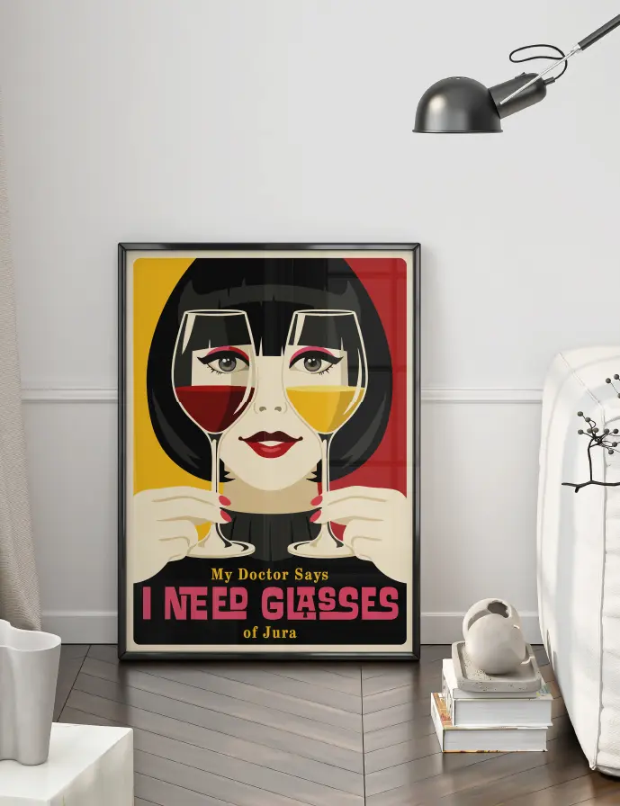 Miniature : Affiche vin du Jura I Need Glasses au style affiche vintage