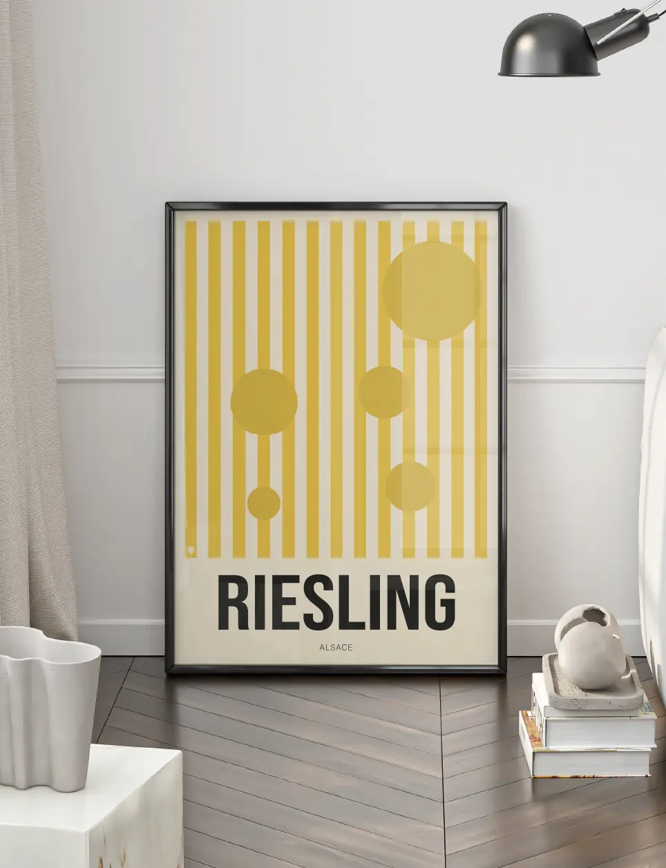 Poster cépage Riesling géométrique rangées vignes raisins blancs