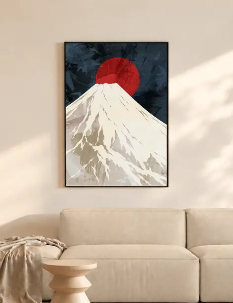 Affiche représentant le mont Fuji dans un paysage aux nuances beiges.