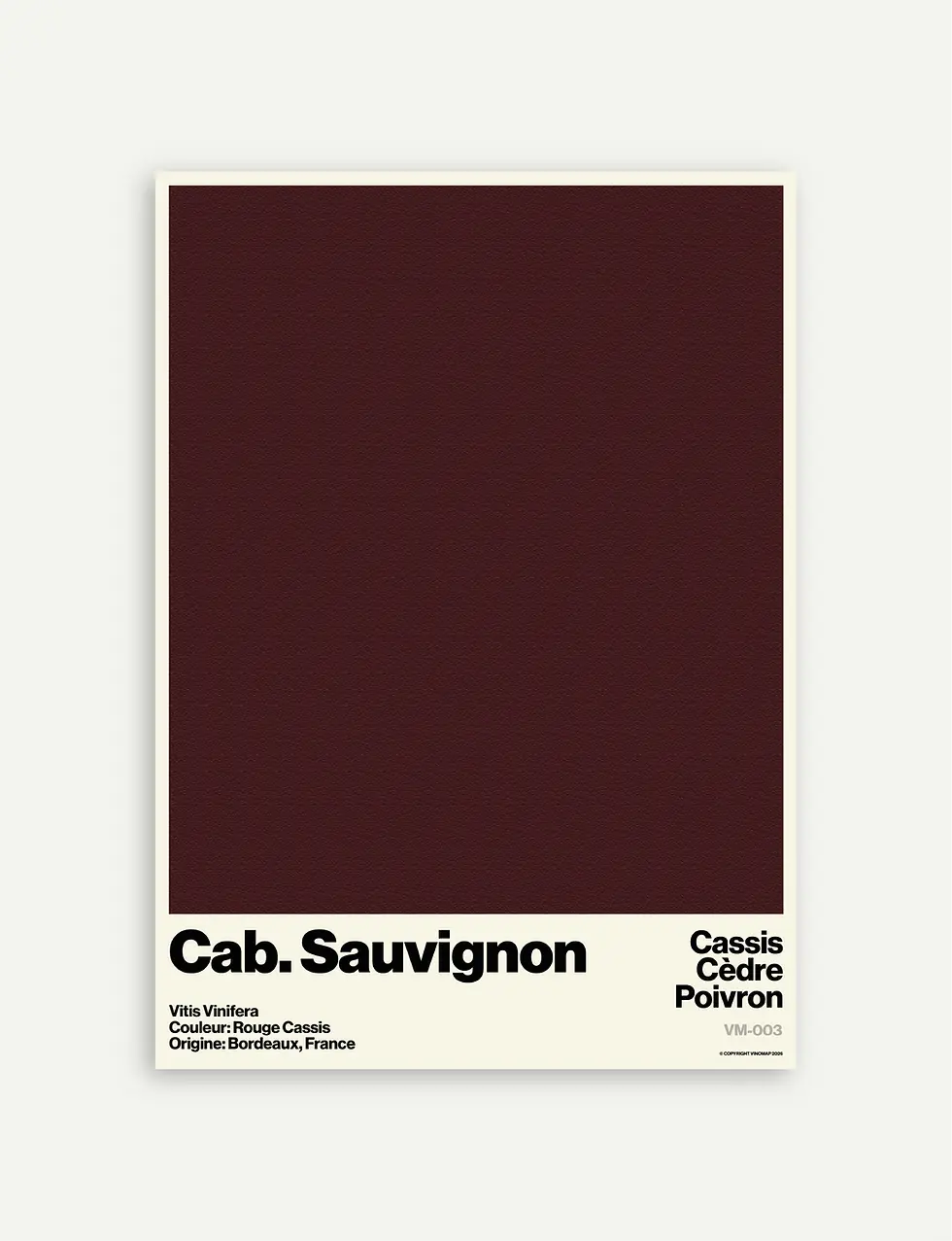 Affiche du cépage Cabernet Sauvignon avec ses arômes, son origine et sa couleur