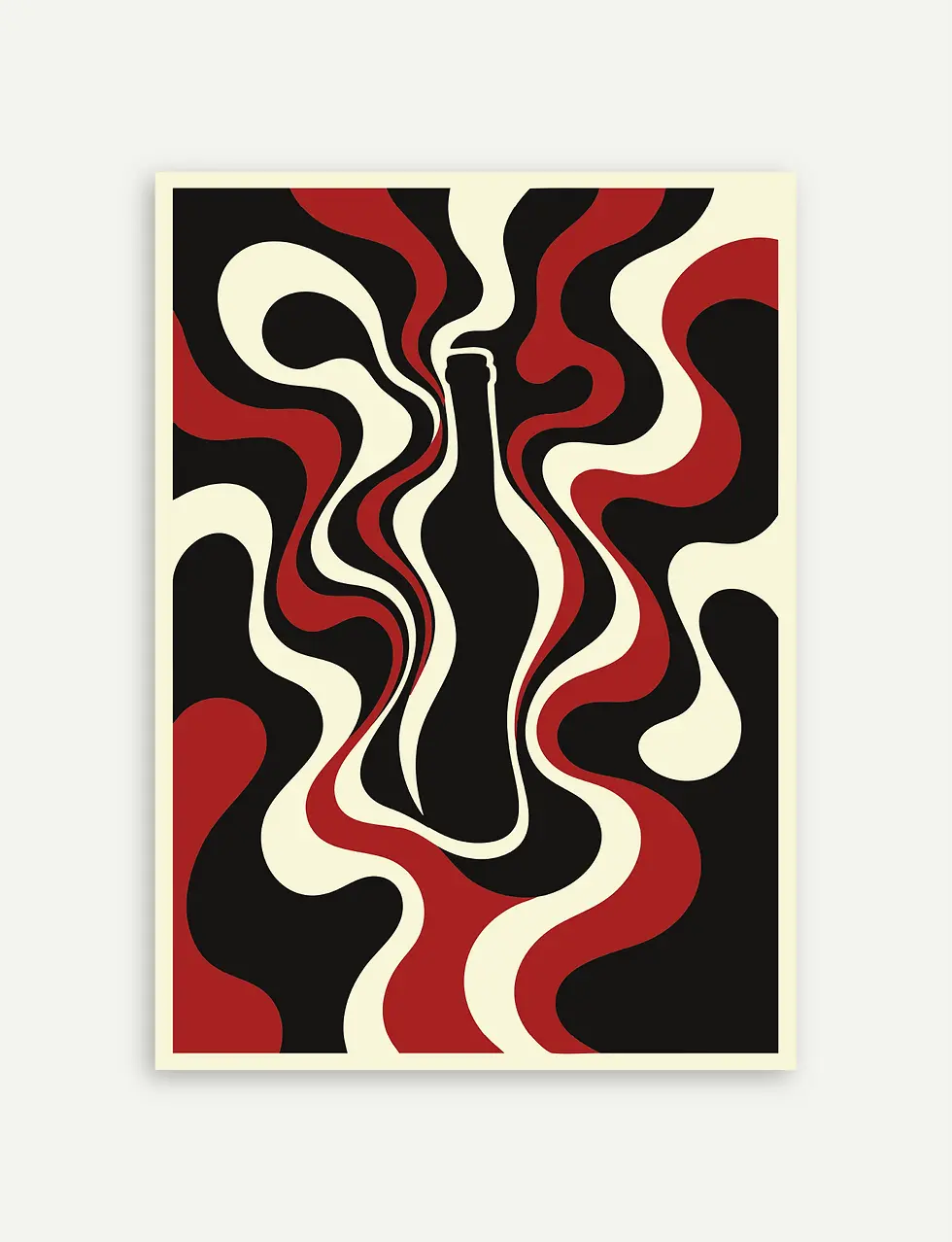 Poster art vin psychédélique avec silhouette de bouteille et formes abstraites rouges noires et crème