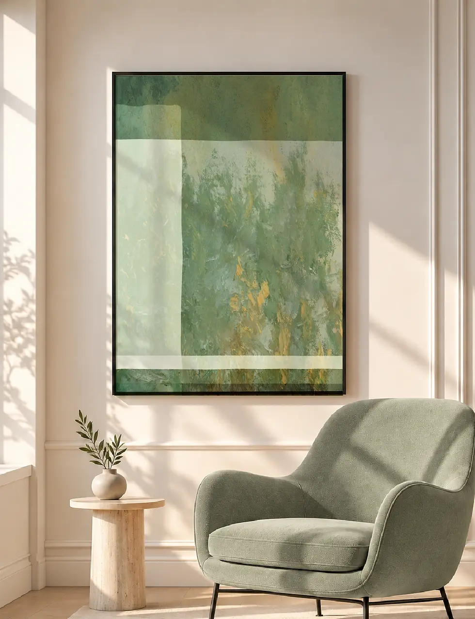 Miniature : Affiche Fragments vert sauge présentée dans un intérieur pour illustrer son accord avec la décoration.