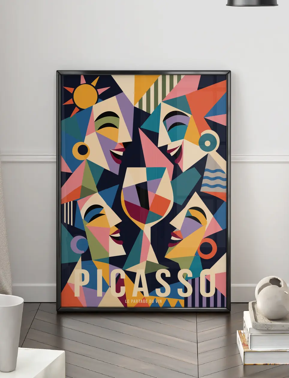 Poster style picasso avec visages cubistes autour d’un verre