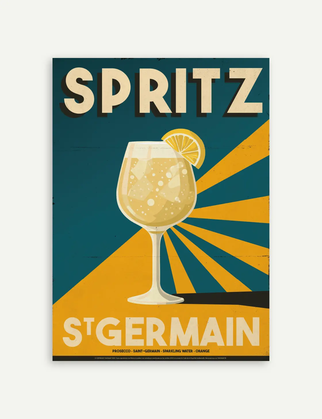 Affiche cocktail Spritz Saint-Germain avec verre de spritz et tranche de citron.