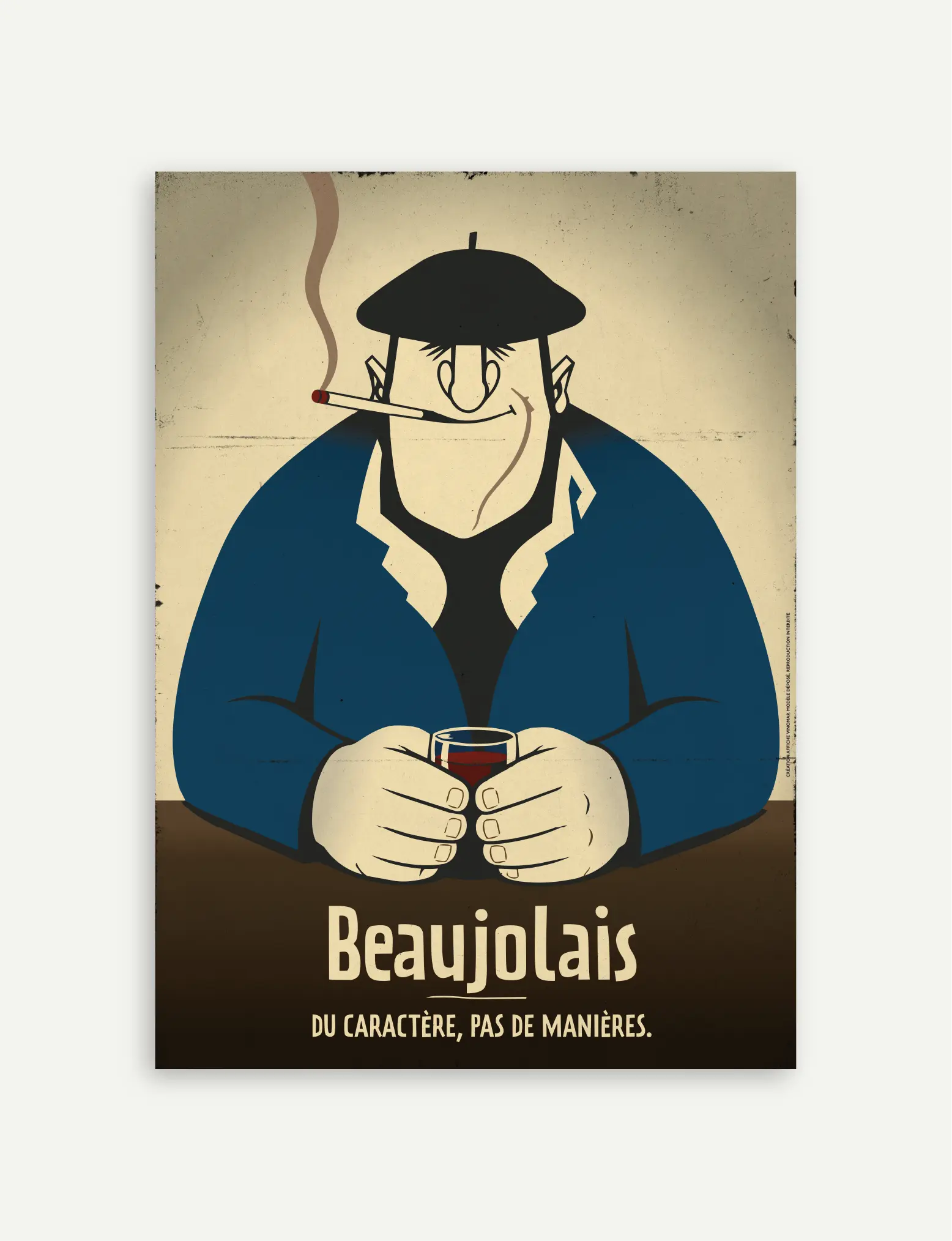 Affiche Beaujolais représentant un vigneron avec un verre de vin Beaujolais