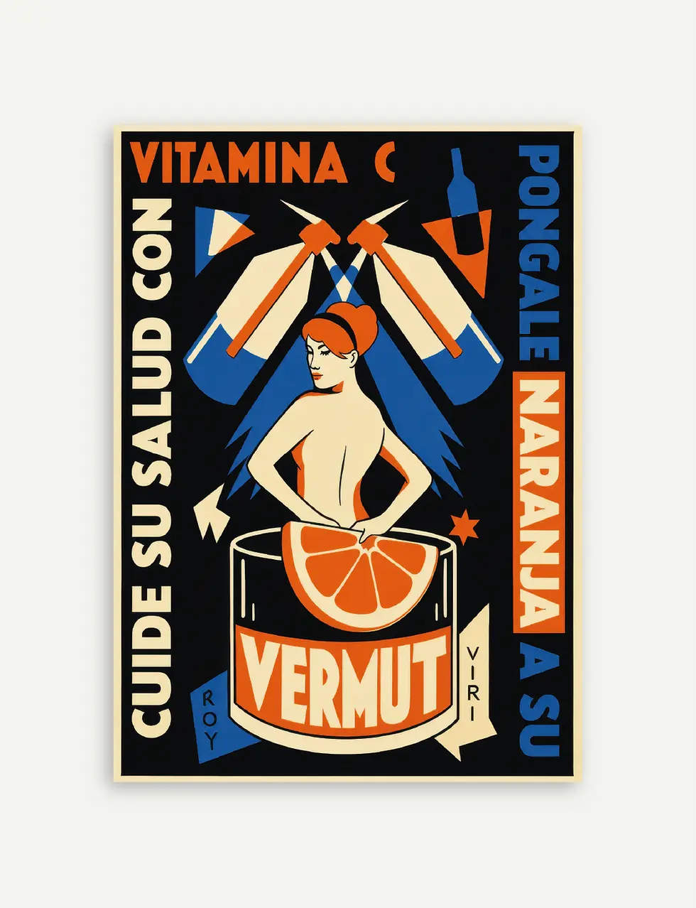 Affiche Vermut Art déco avec une femme aux cheveux roux, des drapeaux tricolores et un verre de cocktail aux agrumes.