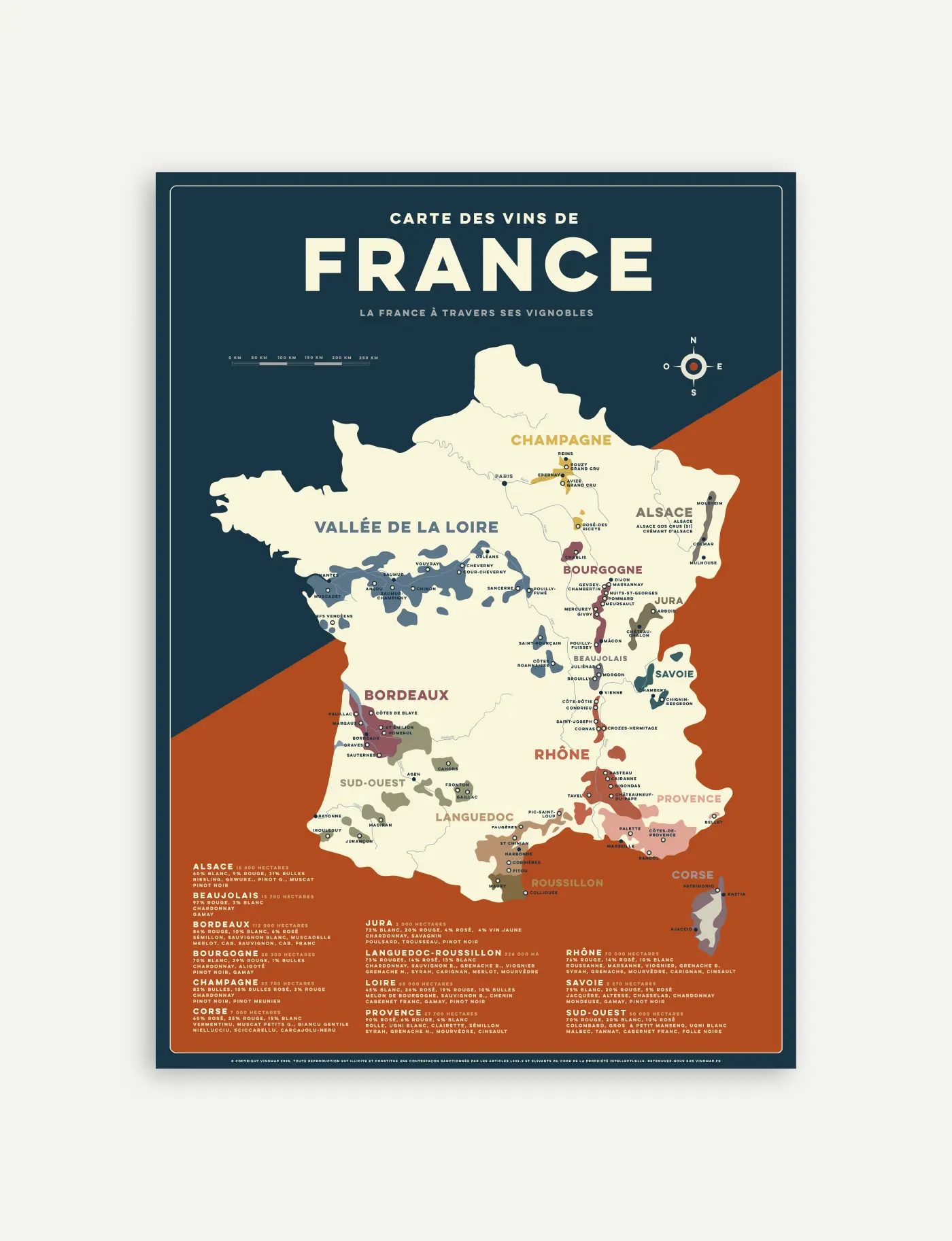Affiche carte des vins rétro de France version rouge avec les grands vignobles français