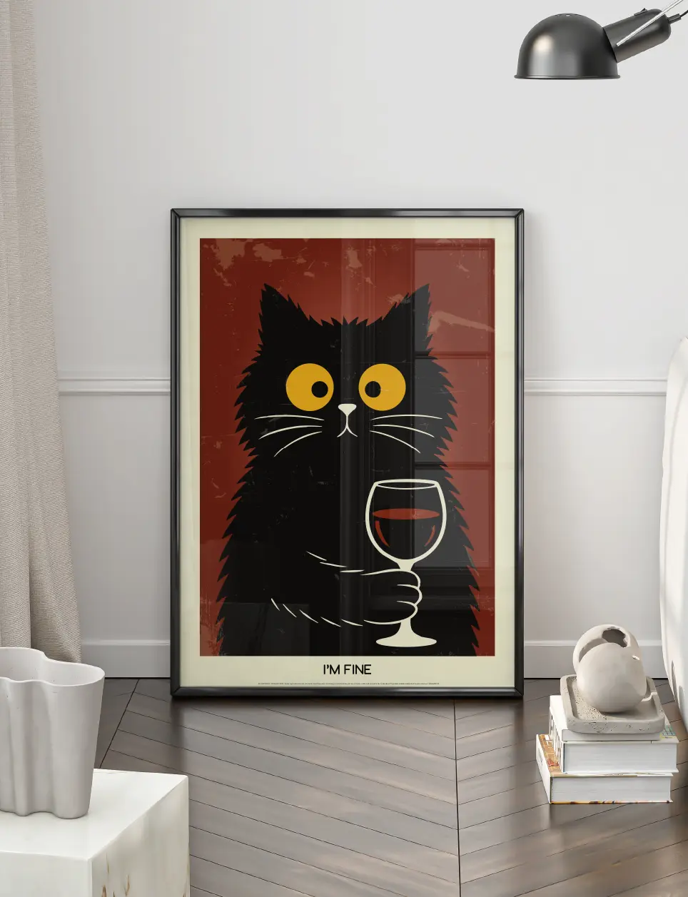 Poster déco vin rouge chat noir avec verre de vin