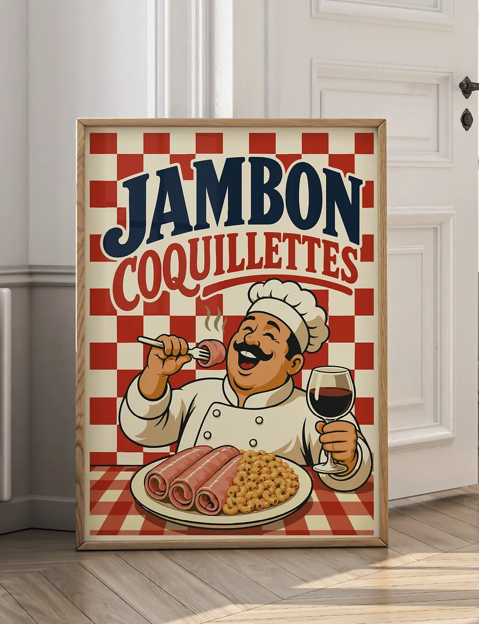 Poster cuisine française vintage sur le plat jambon coquillettes