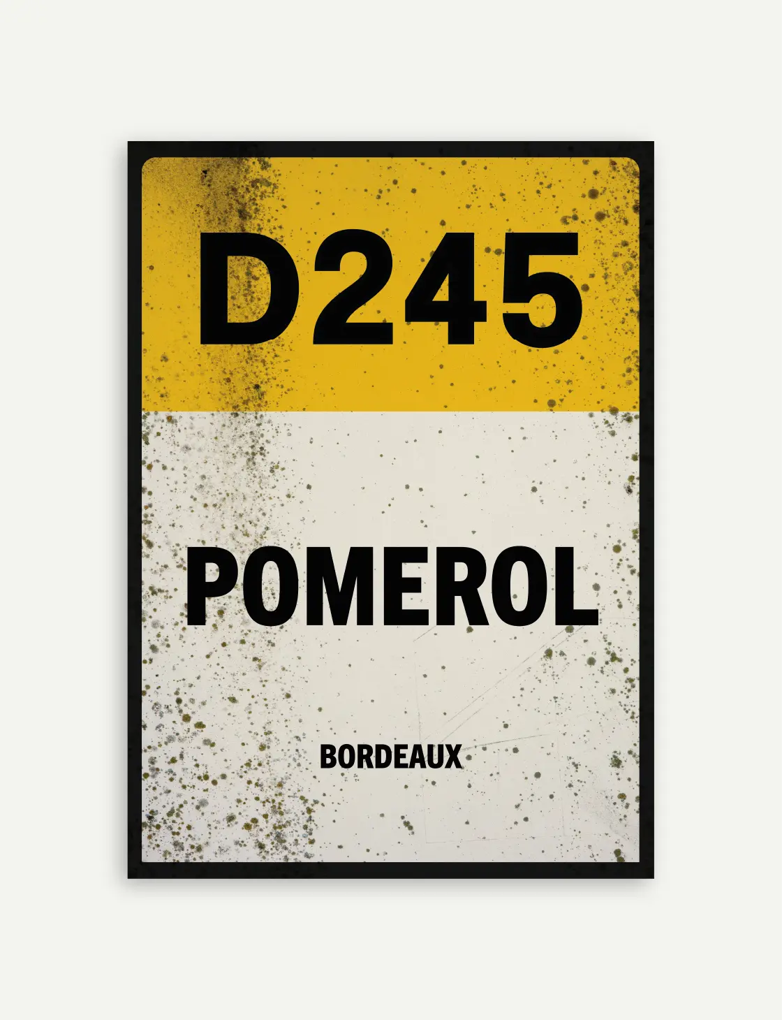 Affiche Pomerol jaune et blanc cassé à effet patiné, avec repère D245 et mention Bordeaux.