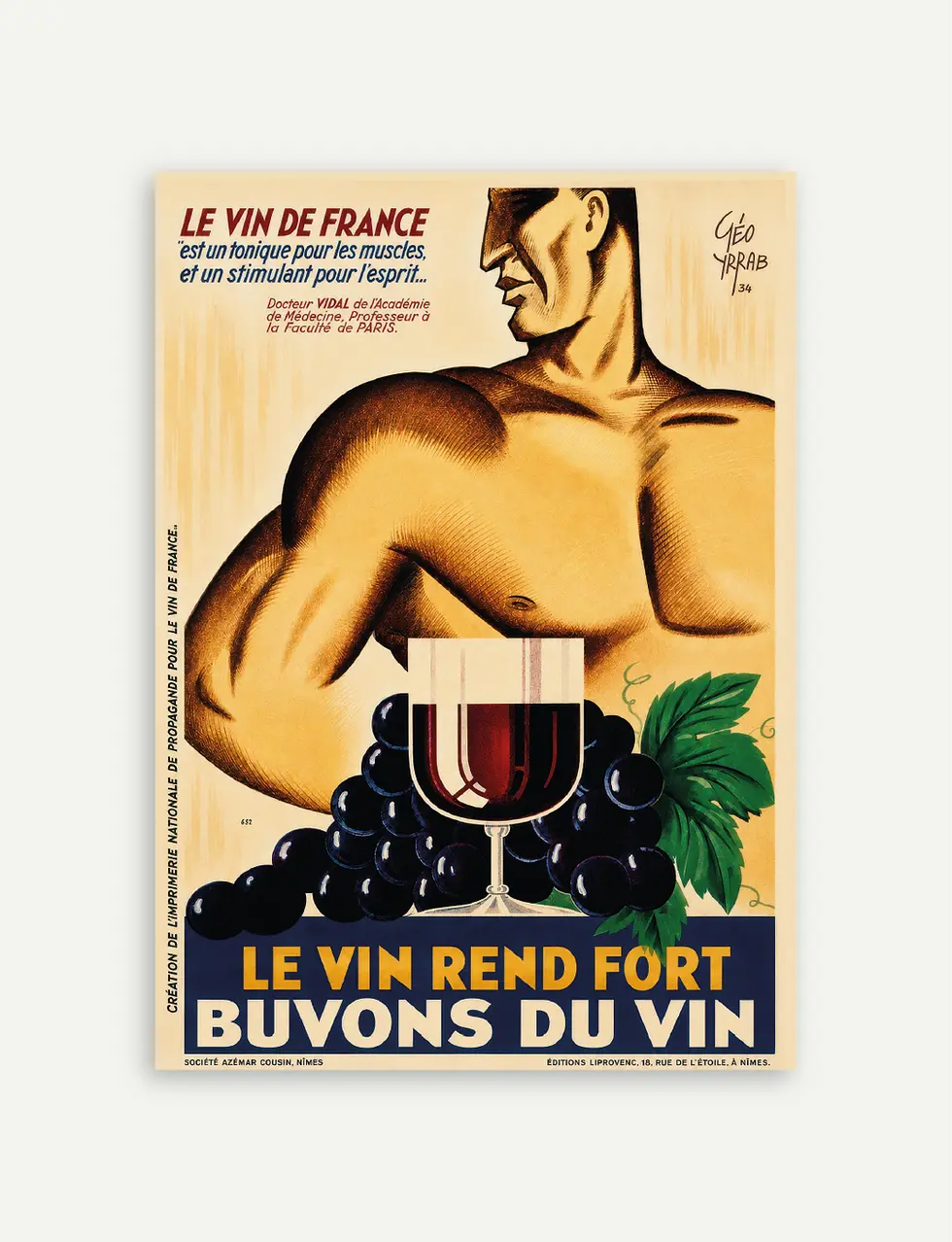 Affiche Le vin rend fort vintage avec homme musclé, raisins noirs et verre de vin rouge