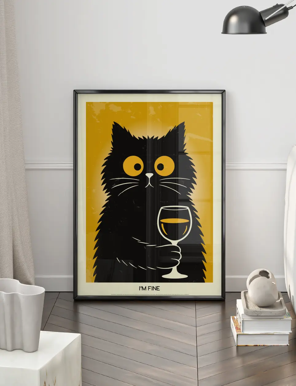 Poster chat noir verre vin blanc design humoristique