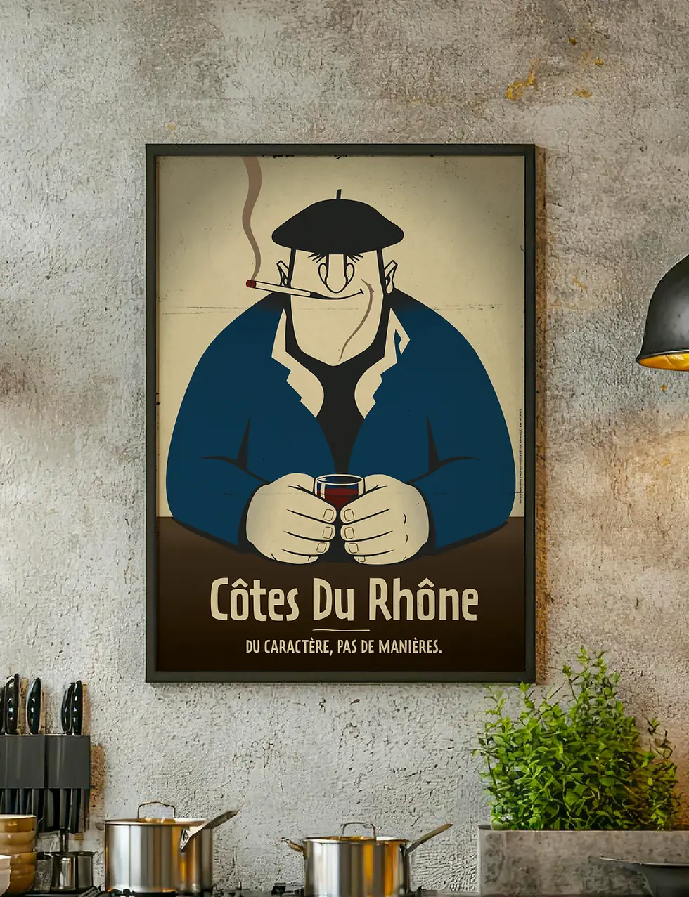 Affiche vigneron Côtes-du-Rhône au style bistrot vintage