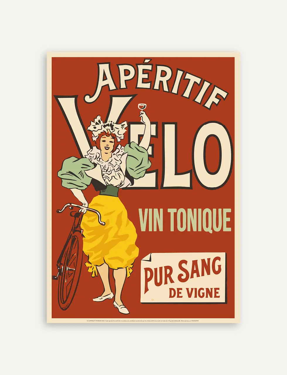 Affiche publicitaire vintage Vélo avec texte vin tonique et style rétro
