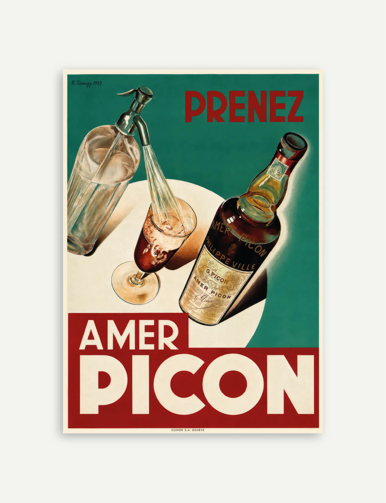 Affiche Amer Picon vintage avec bouteille d’apéritif, verre et siphon sur fond vert